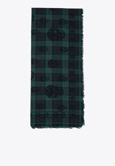 Alexander Mcqueen Tartan Check Skull Print Wool Scarf In Blue