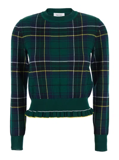 Alexander Mcqueen Tartan Crew Neck Wool Sweater With Fringed Hem In Blue