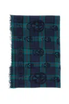 Alexander Mcqueen Tartan Scarf With Printed Skulls And Fringed Edges In Blue