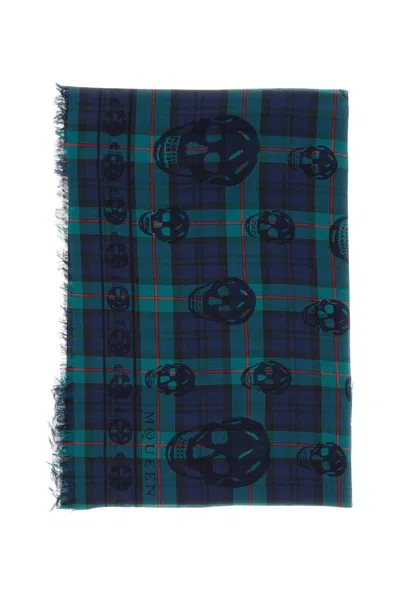 Alexander Mcqueen Tartan Scarf With Printed Skulls And Fringed Edges In Blue