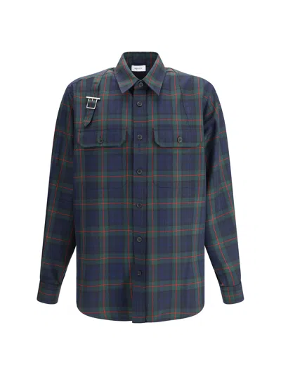 Alexander Mcqueen Classic Tartan Shirt With Metal Buckle Detail And Relaxed Fit In Blue