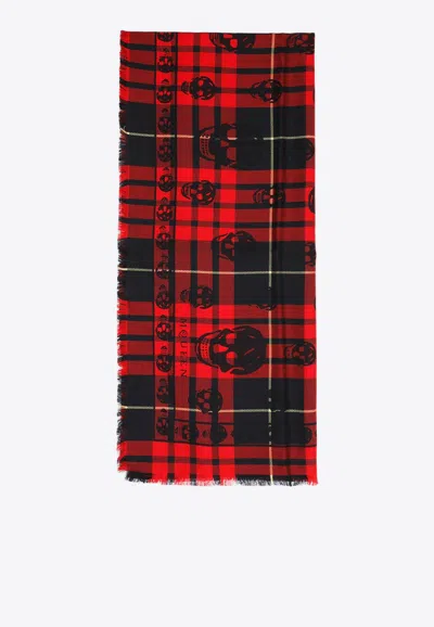Alexander Mcqueen Tartan Skull Wool Scarf In Red