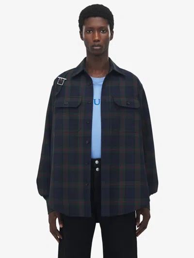 Alexander Mcqueen Classic Tartan Shirt With Metal Buckle Detail And Relaxed Fit In Blue