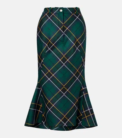 Alexander Mcqueen Wool Tartan Flared Skirt With Belt Loops In Green