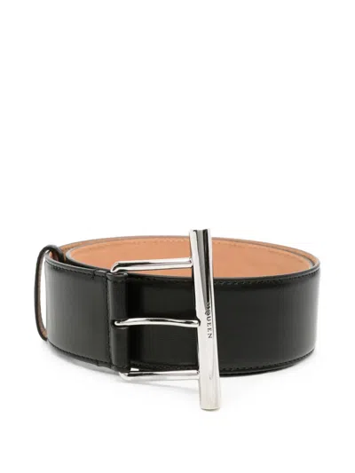 Pre-owned Alexander Mcqueen T-bar Engraved-logo Belt In Black