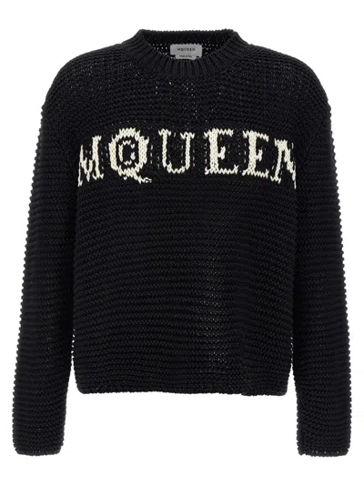 Alexander Mcqueen Mcqueen Textured Cotton Sweater With Inlaid Logo In Black