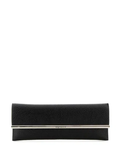 Alexander Mcqueen Textured Lambskin Clutch With Polished Metal Bar In Black