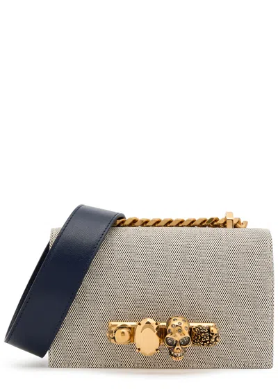 Alexander Mcqueen The Biker Jewelled Satchel Mini Canvas Shoulder Bag In Gray