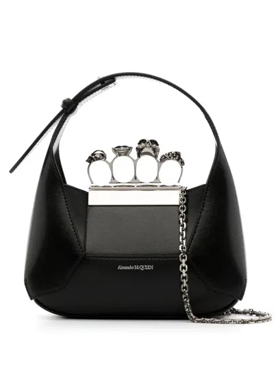 Alexander Mcqueen The Jewelled Hobo Leather Mini Bag In Black