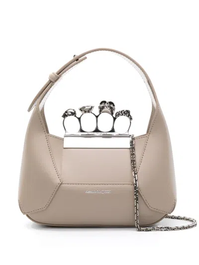 Alexander Mcqueen Mini Jewelled Hobo Leather Bag In Nude
