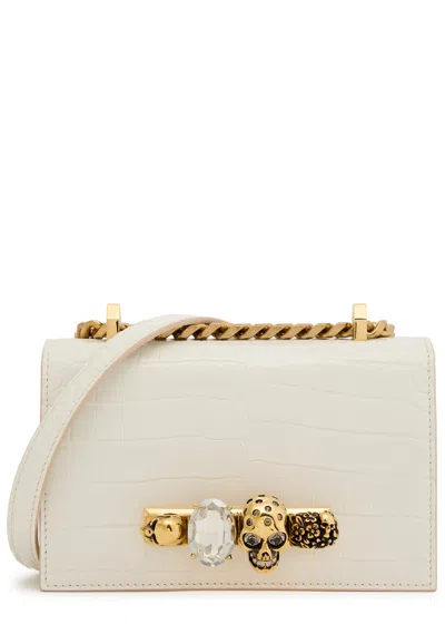Alexander Mcqueen The Jewelled Satchel Mini Crocodile-effect Leather Shoulder Bag In Neutral