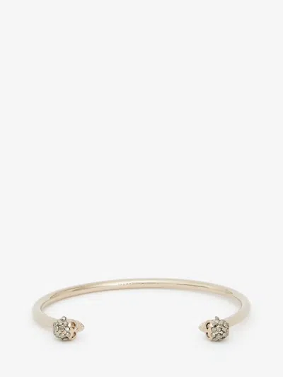 Alexander Mcqueen Thin Jeweled Twin Skull Bracelet In Gold