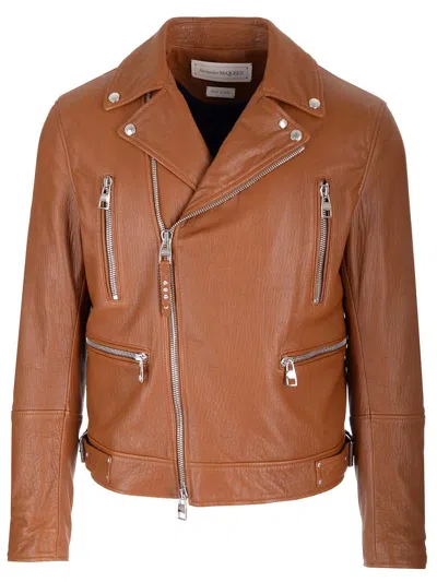 Alexander Mcqueen Essential Leather Biker Jacket Men In Brown
