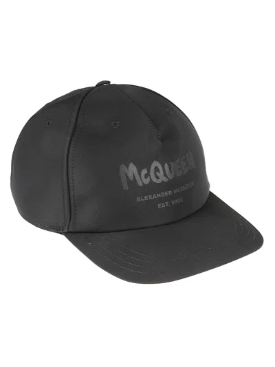 Alexander Mcqueen Black Cotton Hat With Graffiti Logo Print