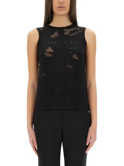 Alexander Mcqueen Black Crewneck Sleeveless Top With Logo Lettering On The Front And Semi Sheer Pane In Multicolor