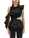 Alexander Mcqueen Alexander Mc Queen Asymmetric Ruffle Hybrid Top In Black