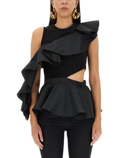 Alexander Mcqueen Cut And Sew Peplum Top With Off-shoulder Ruffle Detail In Black