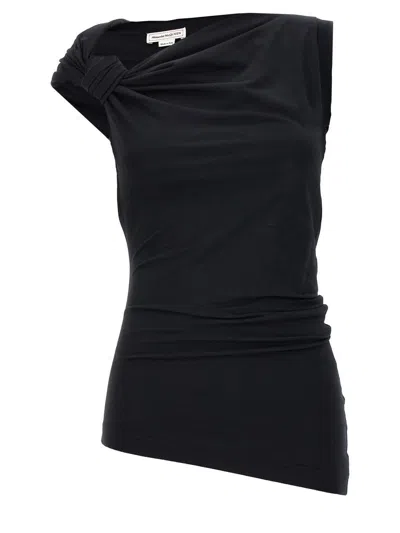 Alexander Mcqueen Mcqueen Asymmetrical Stretch Cotton Top With Knot Detail In Black