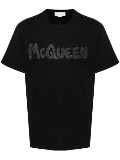 ALEXANDER MCQUEEN ALEXANDER MCQUEEN COTTON T-SHIRT WITH FRONT LOGO PRINT EMBELLISHED WITH RHINESTONES