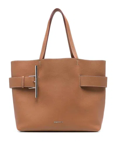 Alexander Mcqueen T-bar Sling Calf Leather Tote Bag In Beige