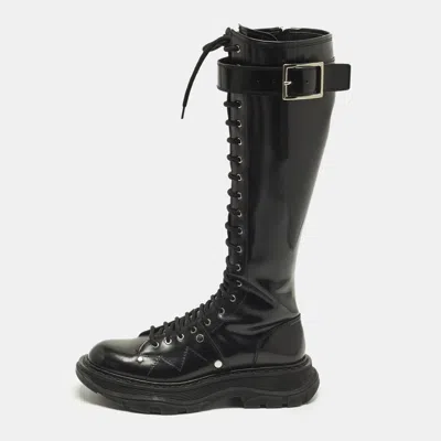 Pre-owned Alexander Mcqueen Tread Size 38 Black Leather Knee Length Boots
