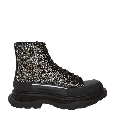 Alexander Mcqueen Crystal Embellished Tread Slick Boots Woman Ankle Boots Black Size 8 Calfskin