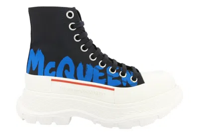 Pre-owned Alexander Mcqueen Tread Slick Boots Graffiti Logo Blue (women's) In Black/blue/white