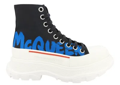 Pre-owned Alexander Mcqueen Tread Slick Boots Graffiti Logo (women's) Sneakers In Black/blue/white In Multi