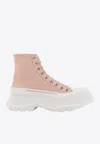Alexander Mcqueen 45mm Tread Slick Leather Combat Boots In Pink