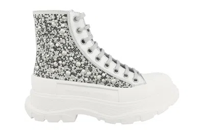 Pre-owned Alexander Mcqueen Tread Slick Lace Up Boot Crystal Silver (women's)