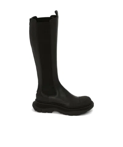 Alexander Mcqueen Tread Slick Leather Mid-calf Boots In Black