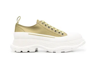 Pre-owned Alexander Mcqueen Tread Slick Low Lace Up (women's) Sneakers In Olive Green/white In Multi