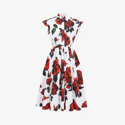 Alexander Mcqueen Rose-print Poplin Midi Dress In White