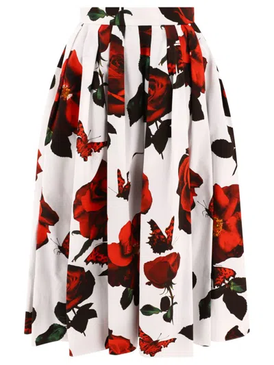 Alexander Mcqueen Pleated Floral Cotton Midi Skirt In Optic White