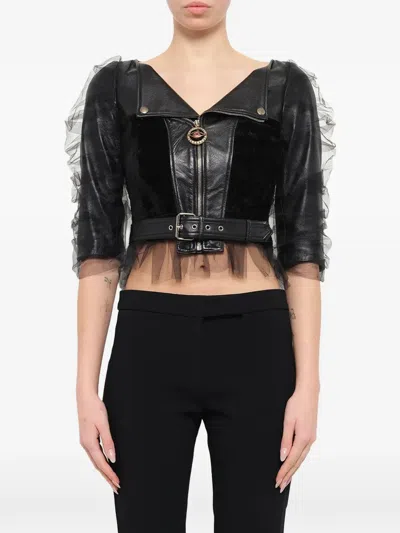 Alexander Mcqueen Tulle-overlay Leather Jacket In Black