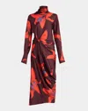 Alexander Mcqueen Turtleneck Floral Twisted Long-sleeve Midi Dress In Ruby Red