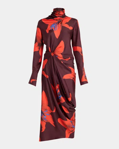 Alexander Mcqueen Turtleneck Floral Twisted Long-sleeve Midi Dress In Multi
