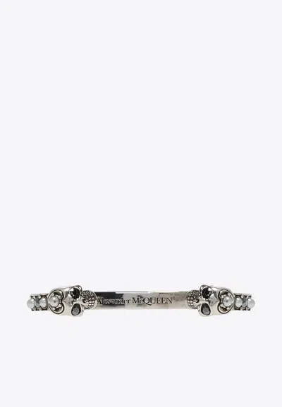 Alexander Mcqueen Twin Skull Crystal Cuff Bracelet In Metallic