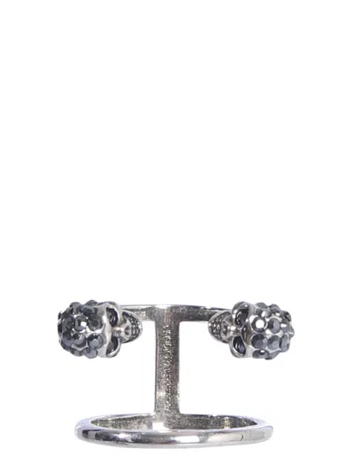 Alexander Mcqueen Twin Skull Double Ring In Metallic