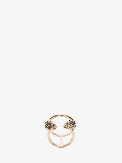 Alexander Mcqueen Twin Skull Double Ring In Gold