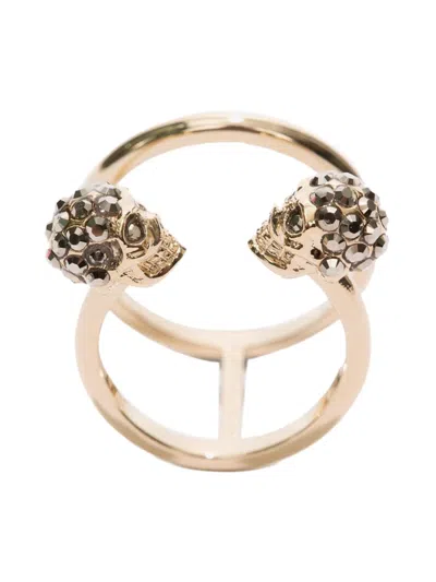 Alexander Mcqueen Twin Skull Double Ring In Gold