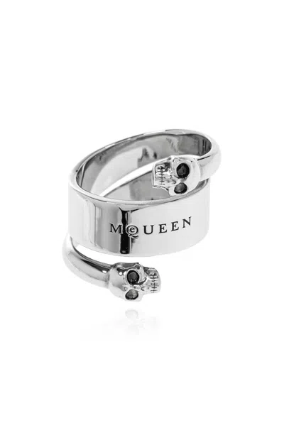 Alexander Mcqueen Men's Twin Skull Ring In Antique Silver