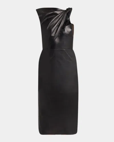Alexander Mcqueen Twisted Bustier Leather Midi Pencil Dress In Black