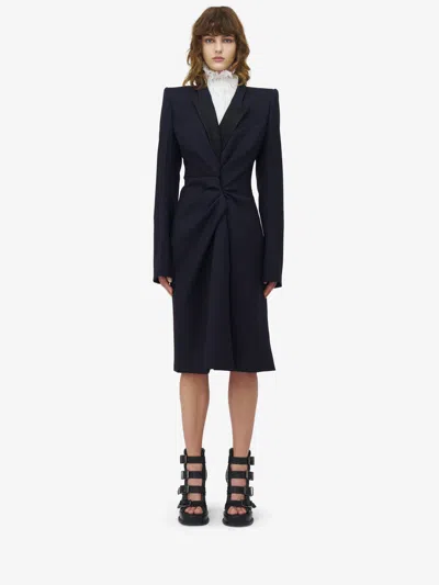 Alexander Mcqueen Twisted Lapel Coat In Navy