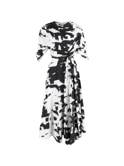 Pre-owned Alexander Mcqueen Twisted-waist Printed Midi Dress In White