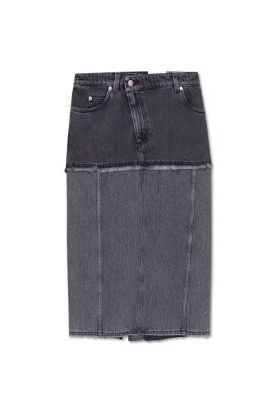 Alexander Mcqueen Womens Black Stonewashed Contrast-panels Five-pockets Denim Midi Skirt