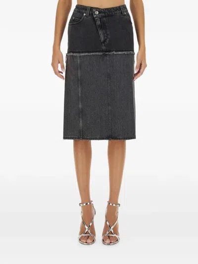 Alexander Mcqueen Womens Black Stonewashed Contrast-panels Five-pockets Denim Midi Skirt