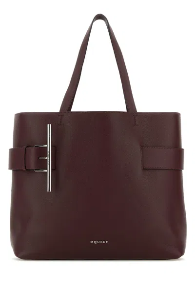 Alexander Mcqueen Tyrian Purple Leather T-bar Shopping Bag In Brown