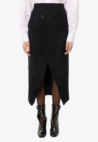 Alexander Mcqueen Upside-down Slashed Wool Midi Skirt In Black