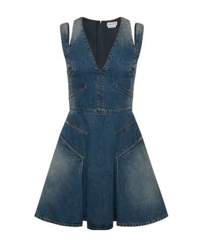 ALEXANDER MCQUEEN ALEXANDER MCQUEEN V-NECK PLEATED DENIM MINI DRESS